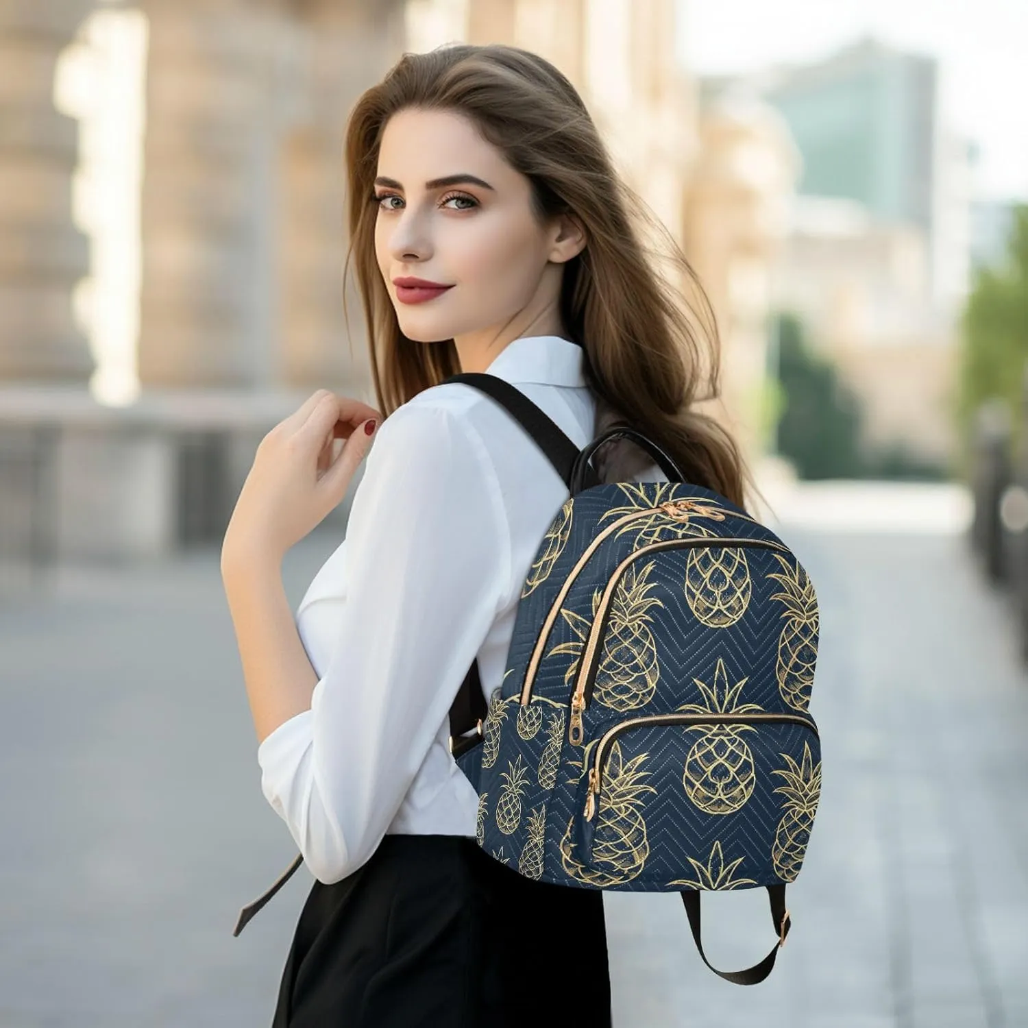 ALAZA Gold Pineapple on Blue Mini Backpack Purse for Women Travel Bag Lightweight Shoulder Bag Fashion Daypack
