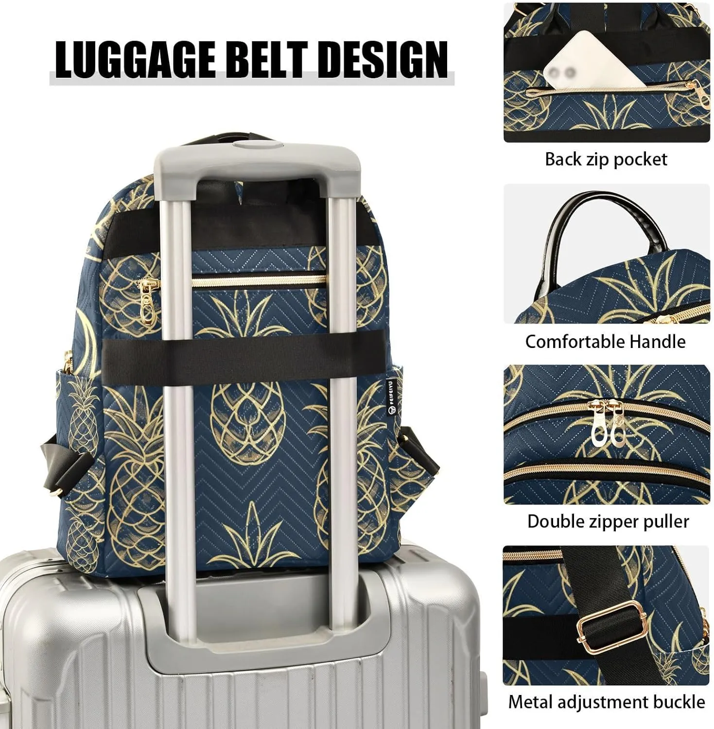 ALAZA Gold Pineapple on Blue Mini Backpack Purse for Women Travel Bag Lightweight Shoulder Bag Fashion Daypack