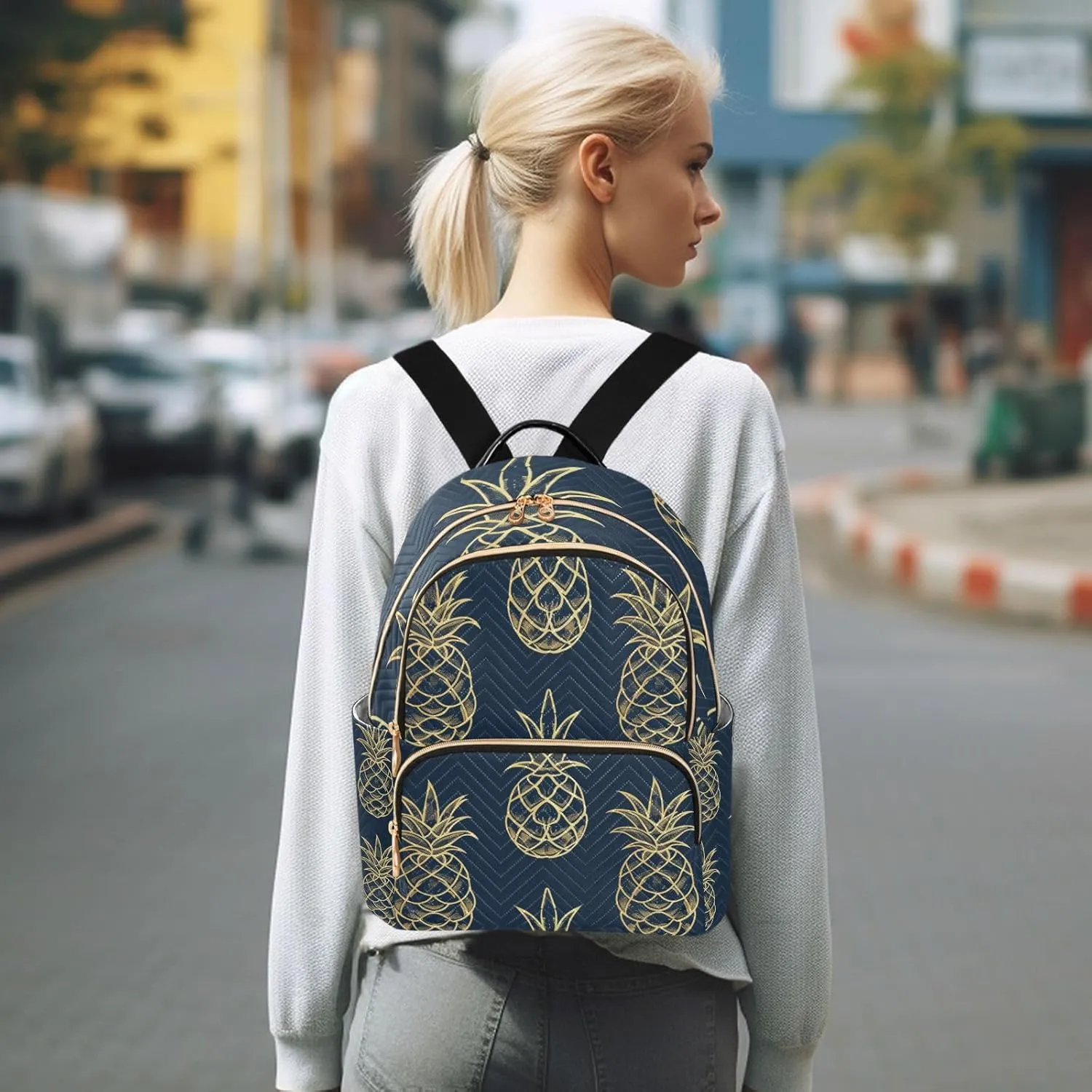 ALAZA Gold Pineapple on Blue Mini Backpack Purse for Women Travel Bag Lightweight Shoulder Bag Fashion Daypack