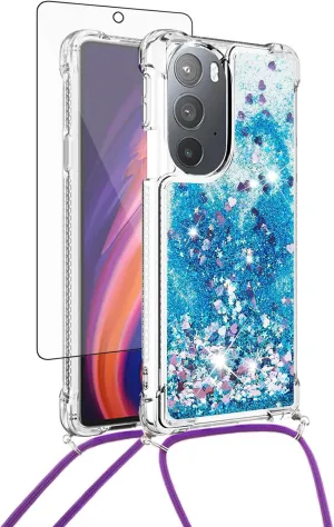 Asuwish Phone Case for Motorola Edge  Plus 2022/Edge X30/30 Pro with Screen Protector and Crossbody Strap Bling Liquid Glitter Clear Slim Protective Cell Cover Moto Edge   5G UW Women Girls Blue