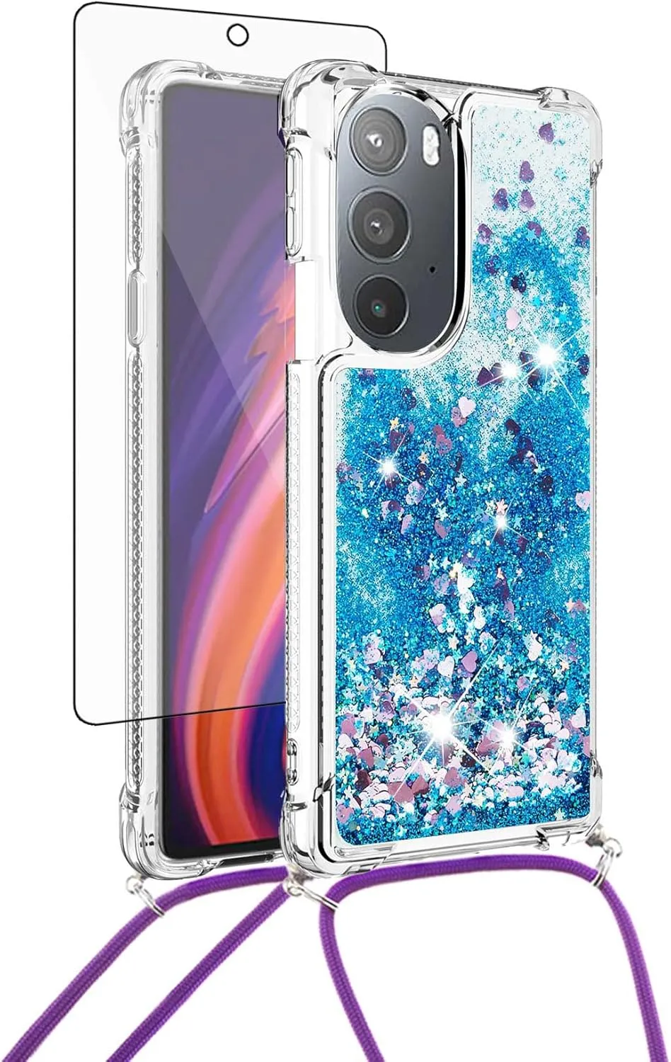 Asuwish Phone Case for Motorola Edge  Plus 2022/Edge X30/30 Pro with Screen Protector and Crossbody Strap Bling Liquid Glitter Clear Slim Protective Cell Cover Moto Edge   5G UW Women Girls Blue