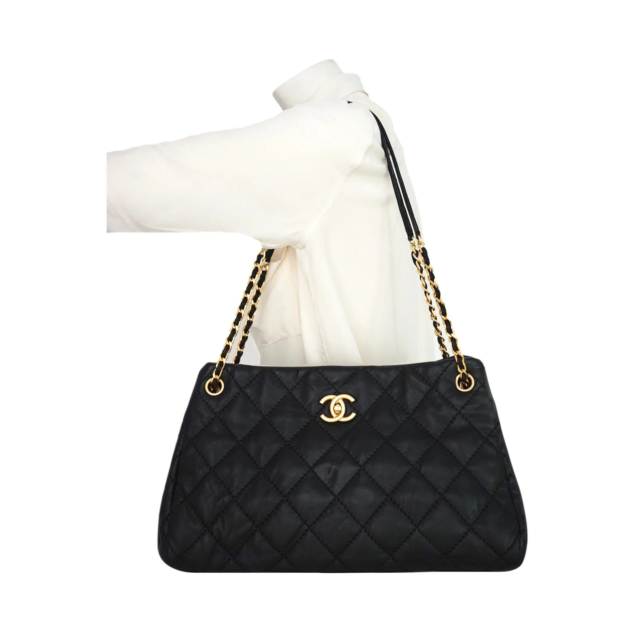 Authentic Chanel Black Calfskin Modern Quilted Tote