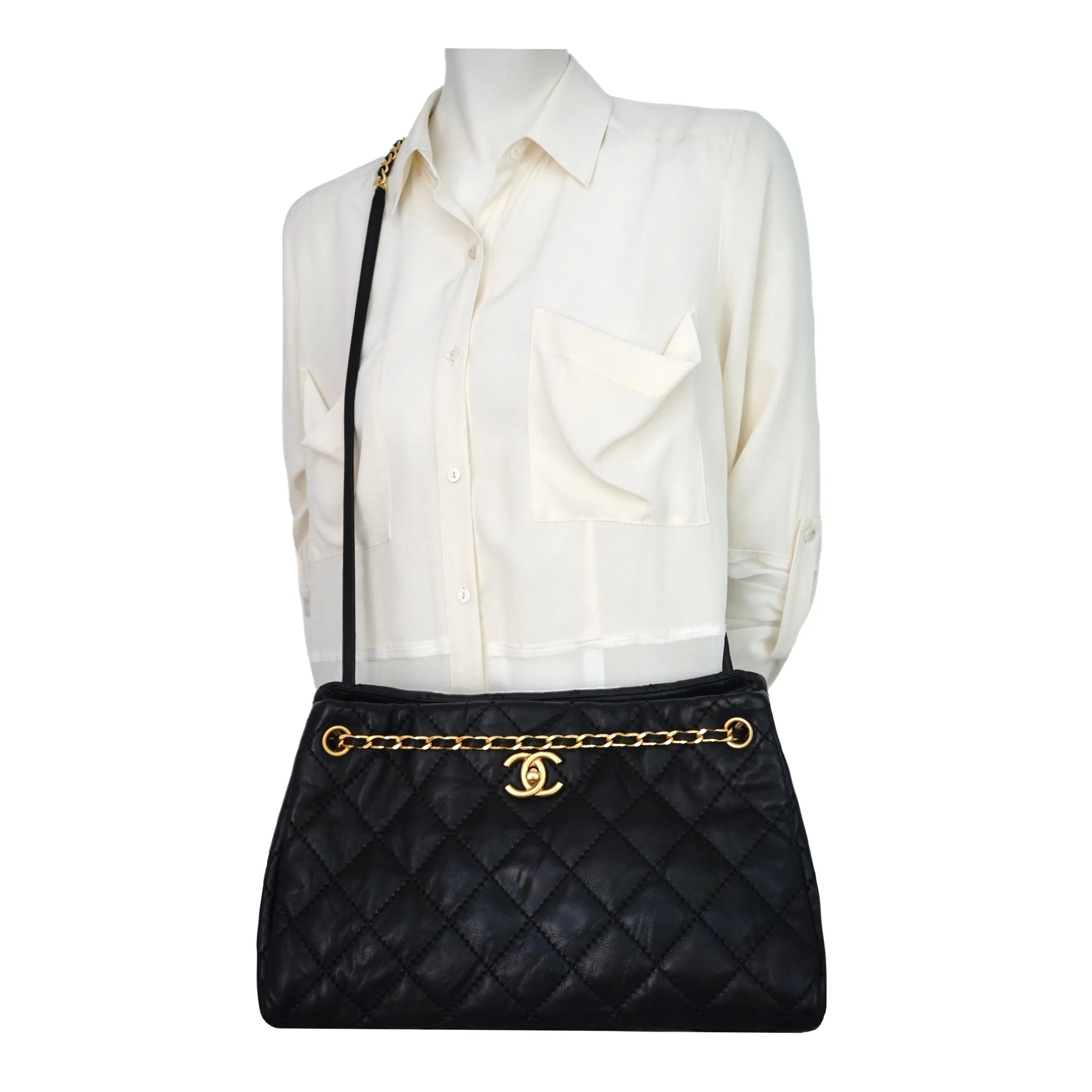 Authentic Chanel Black Calfskin Modern Quilted Tote