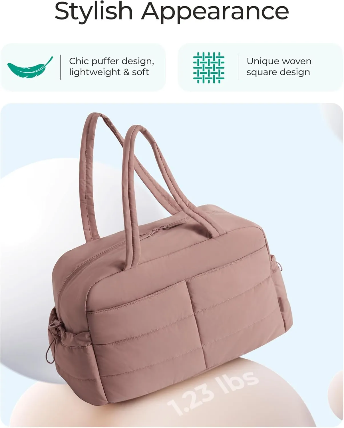 BAGSMART Gym Bag for Women, 31L Travel Duffle Bag Puffer Tote Quilted Laptop Carry on, Weekender Overnight Organizer for Travel, Water Resistant, Dark Pink