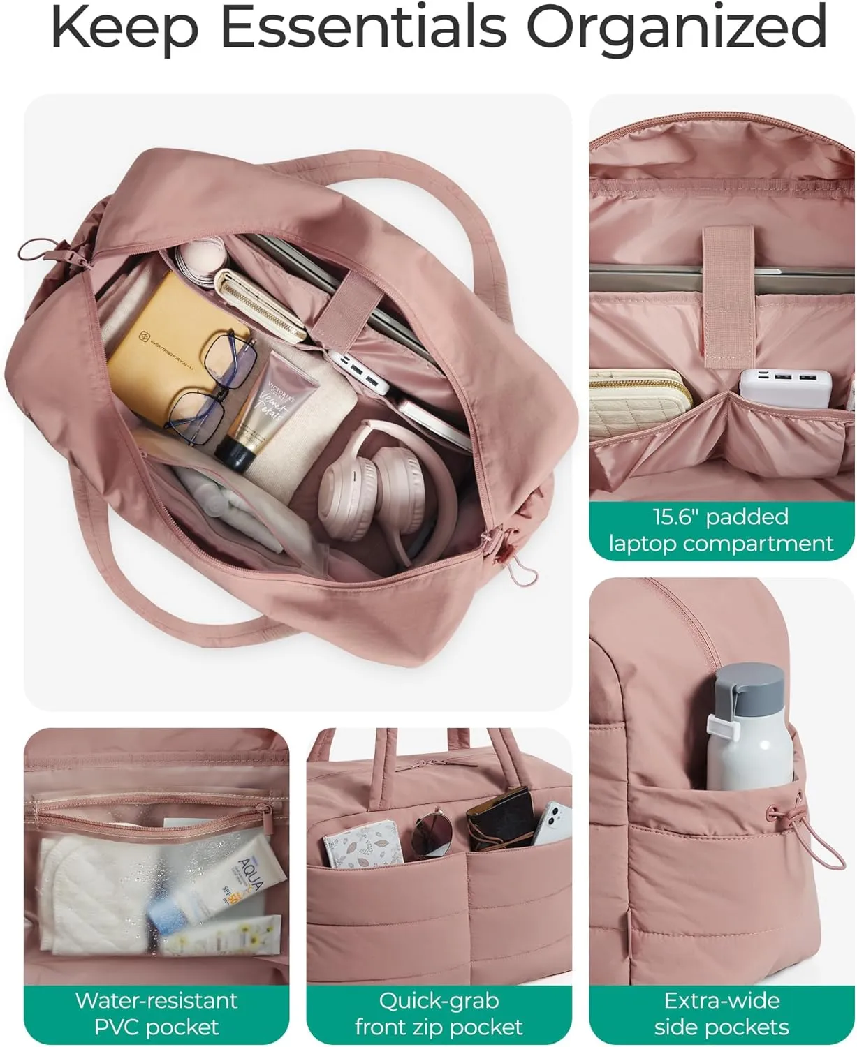 BAGSMART Gym Bag for Women, 31L Travel Duffle Bag Puffer Tote Quilted Laptop Carry on, Weekender Overnight Organizer for Travel, Water Resistant, Dark Pink