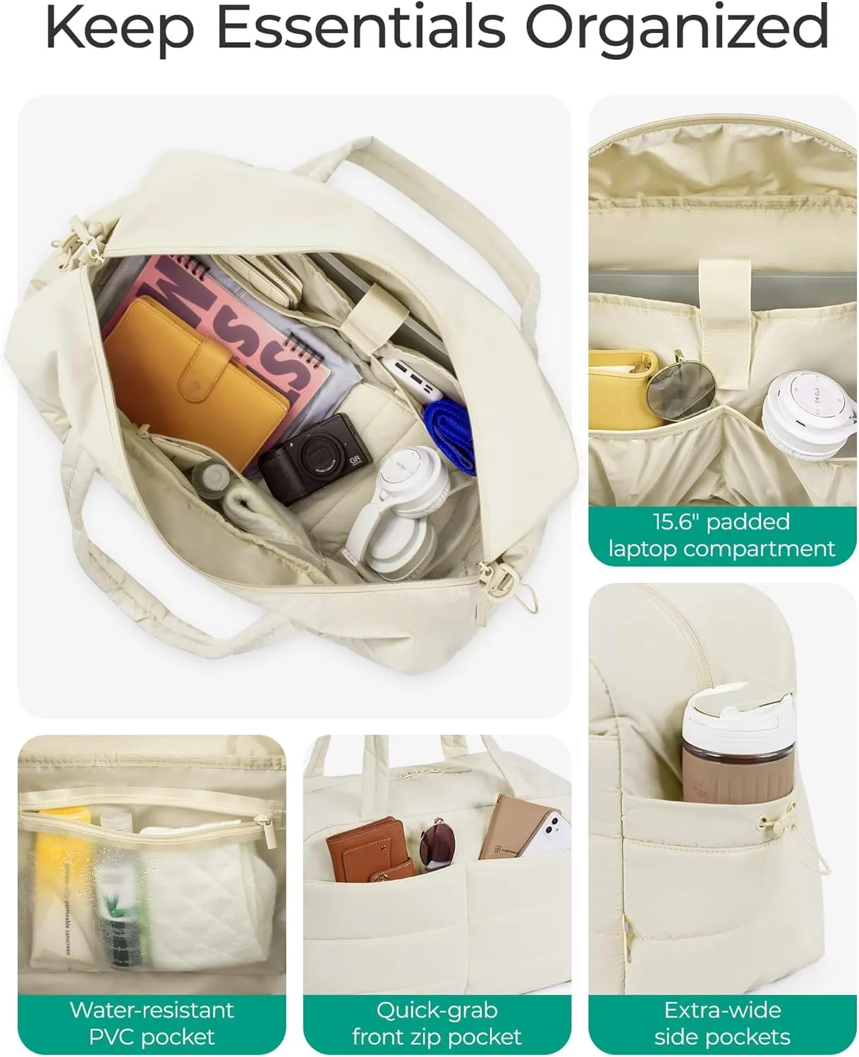 BAGSMART Gym Bag for Women with Toiletry Pouch, Lightweight Weekender Bags for Women with Wet Pocket, 31L Quilted Travel Duffle Carry On Bag, Weekender Overnight Bag for Travel,Water Resistant, Beige