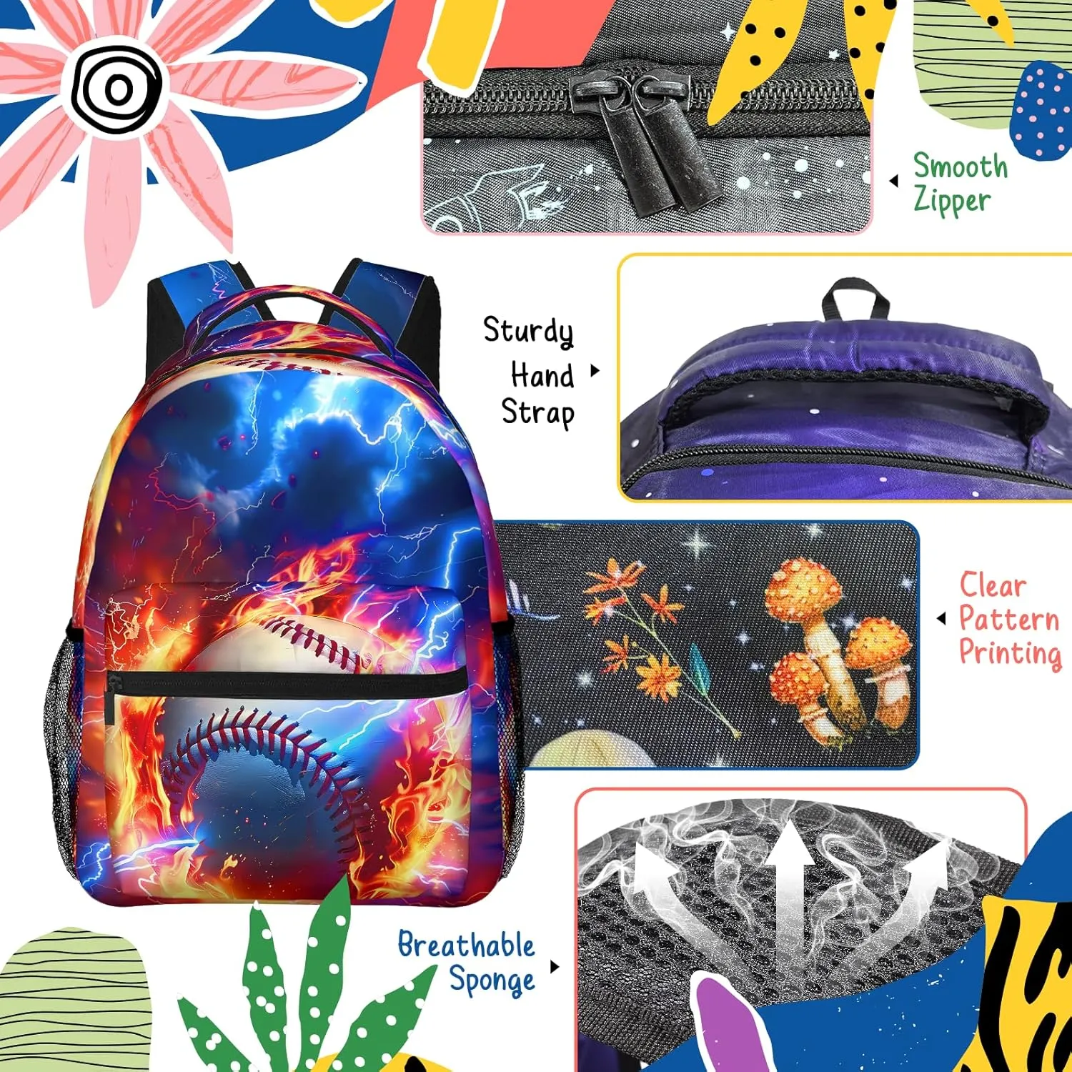 Baseball Themed Backpack for Boys Girls Bookbags Lightweight Adjustable Elementary Middle High School Bags for Kids Children Teenagers Travel Daypack Laptop Hiking Backpacks