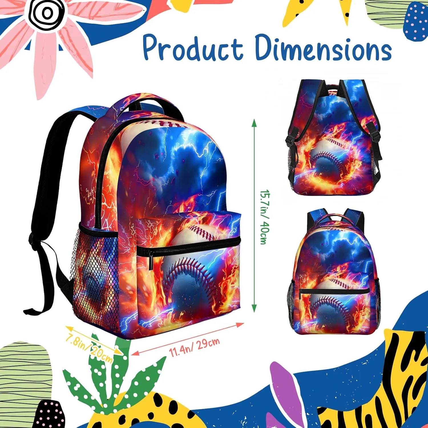 Baseball Themed Backpack for Boys Girls Bookbags Lightweight Adjustable Elementary Middle High School Bags for Kids Children Teenagers Travel Daypack Laptop Hiking Backpacks