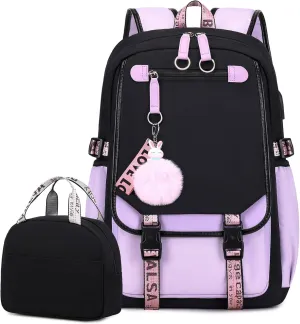 Bevalsa Backpack with Lunch Bag Bookbag Set for Girls Kids Middle High School College Student 21L Casual Daypack Children Schoolbag Bookbag with USB Charging Port (Purple)