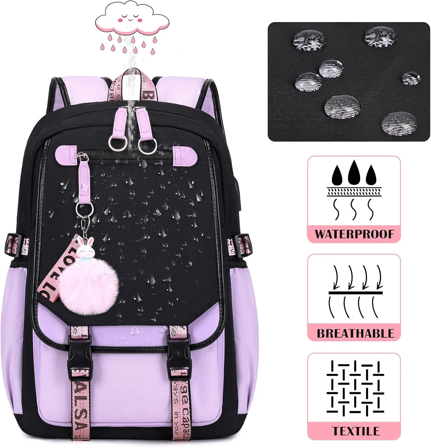 Bevalsa Backpack with Lunch Bag Bookbag Set for Girls Kids Middle High School College Student 21L Casual Daypack Children Schoolbag Bookbag with USB Charging Port (Purple)