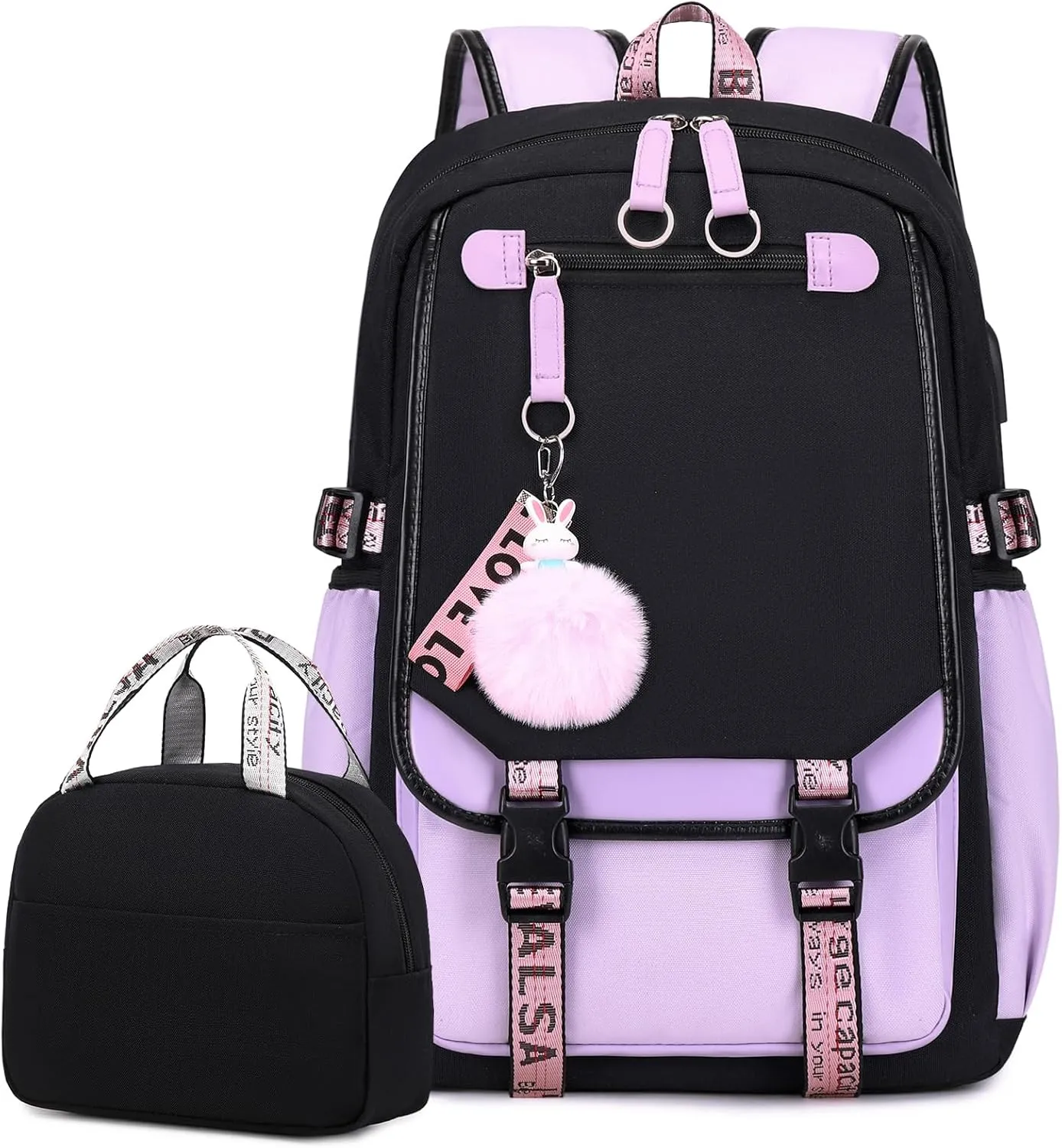 Bevalsa Backpack with Lunch Bag Bookbag Set for Girls Kids Middle High School College Student 21L Casual Daypack Children Schoolbag Bookbag with USB Charging Port (Purple)
