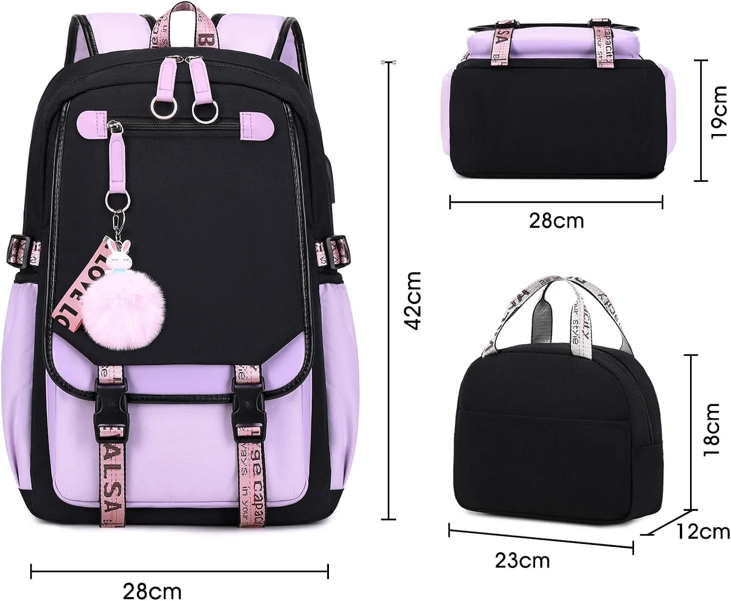 Bevalsa Backpack with Lunch Bag Bookbag Set for Girls Kids Middle High School College Student 21L Casual Daypack Children Schoolbag Bookbag with USB Charging Port (Purple)