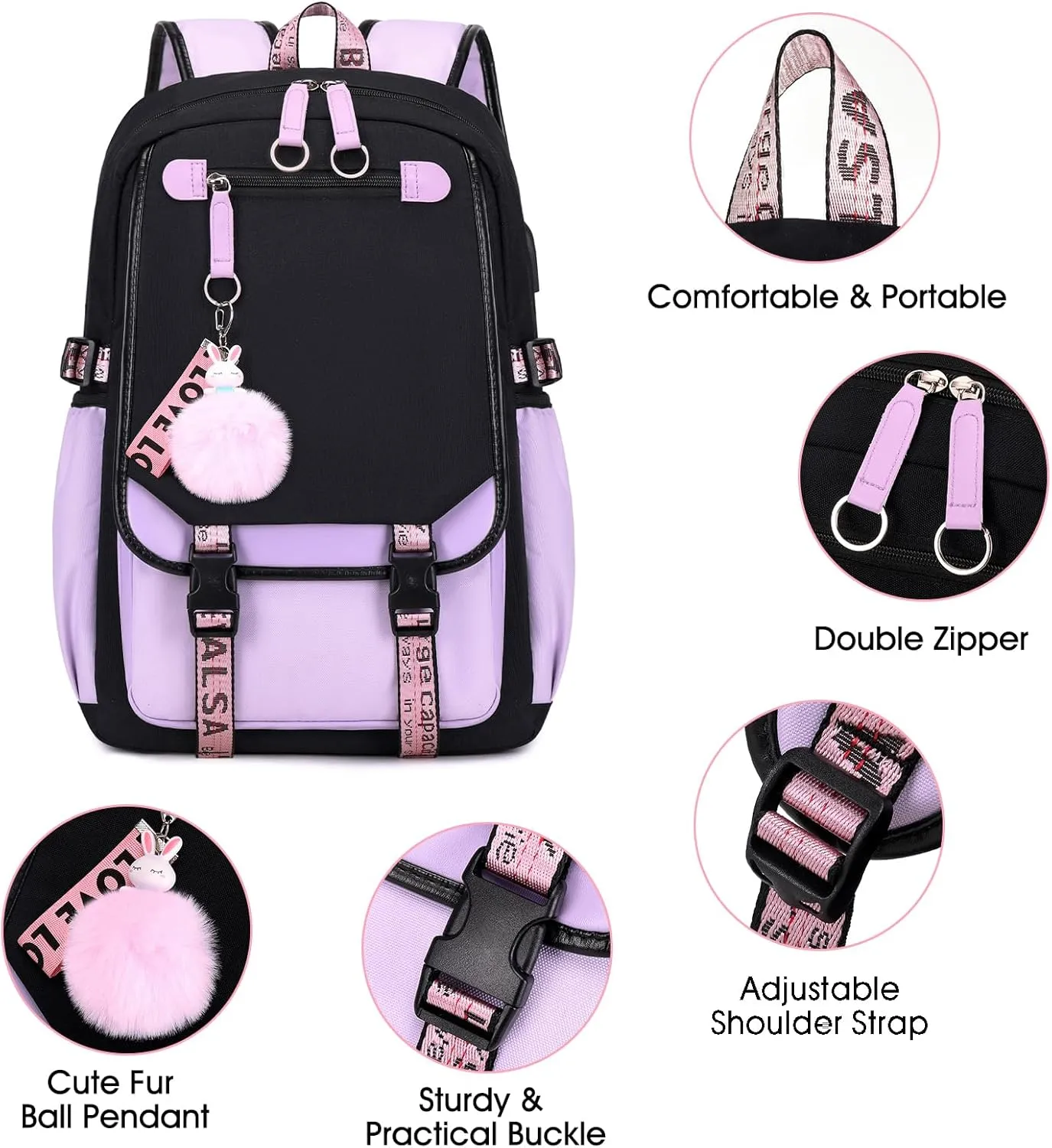 Bevalsa Backpack with Lunch Bag Bookbag Set for Girls Kids Middle High School College Student 21L Casual Daypack Children Schoolbag Bookbag with USB Charging Port (Purple)