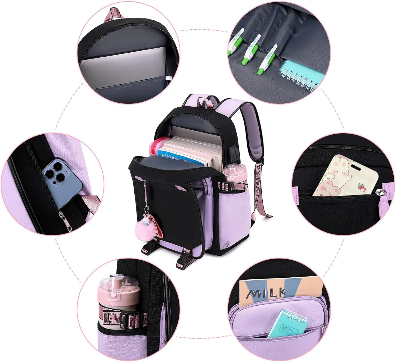 Bevalsa Backpack with Lunch Bag Bookbag Set for Girls Kids Middle High School College Student 21L Casual Daypack Children Schoolbag Bookbag with USB Charging Port (Purple)