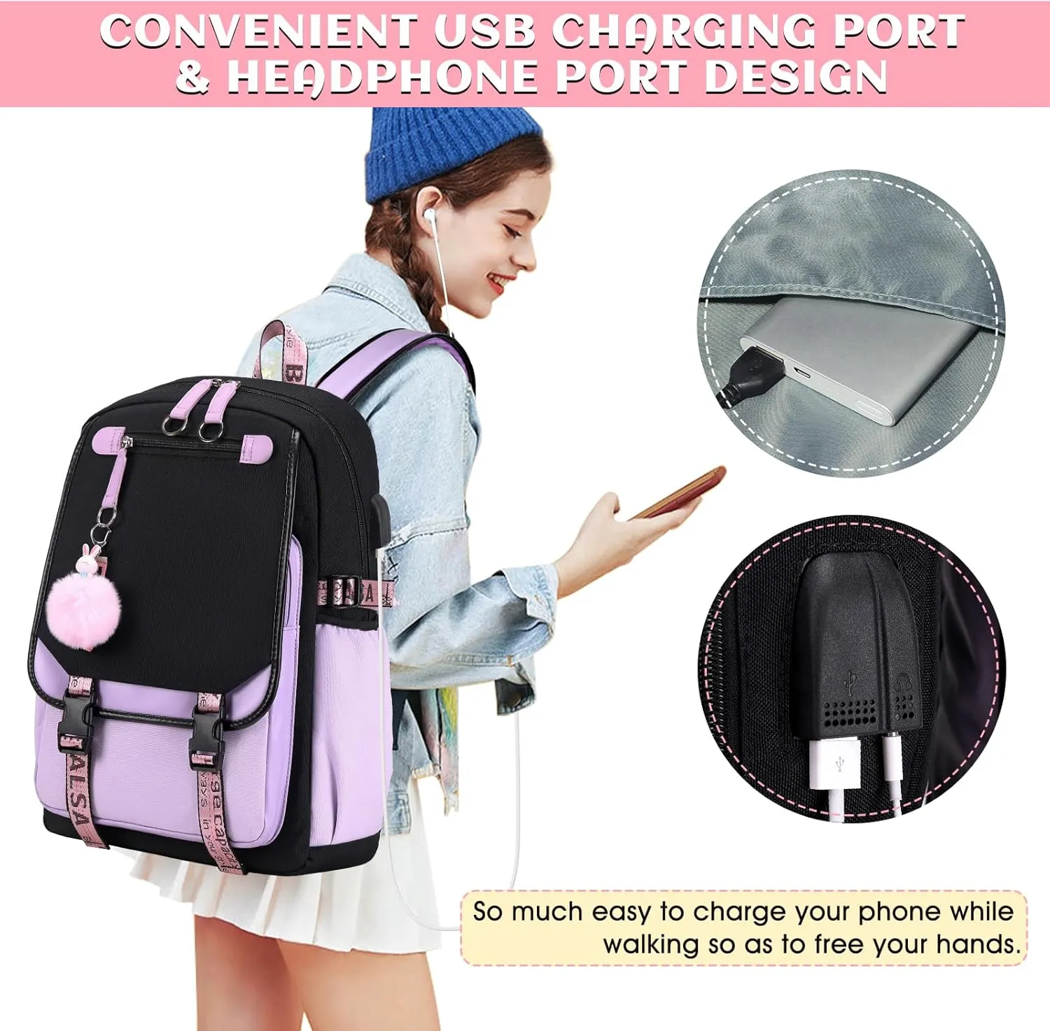 Bevalsa Backpack with Lunch Bag Bookbag Set for Girls Kids Middle High School College Student 21L Casual Daypack Children Schoolbag Bookbag with USB Charging Port (Purple)