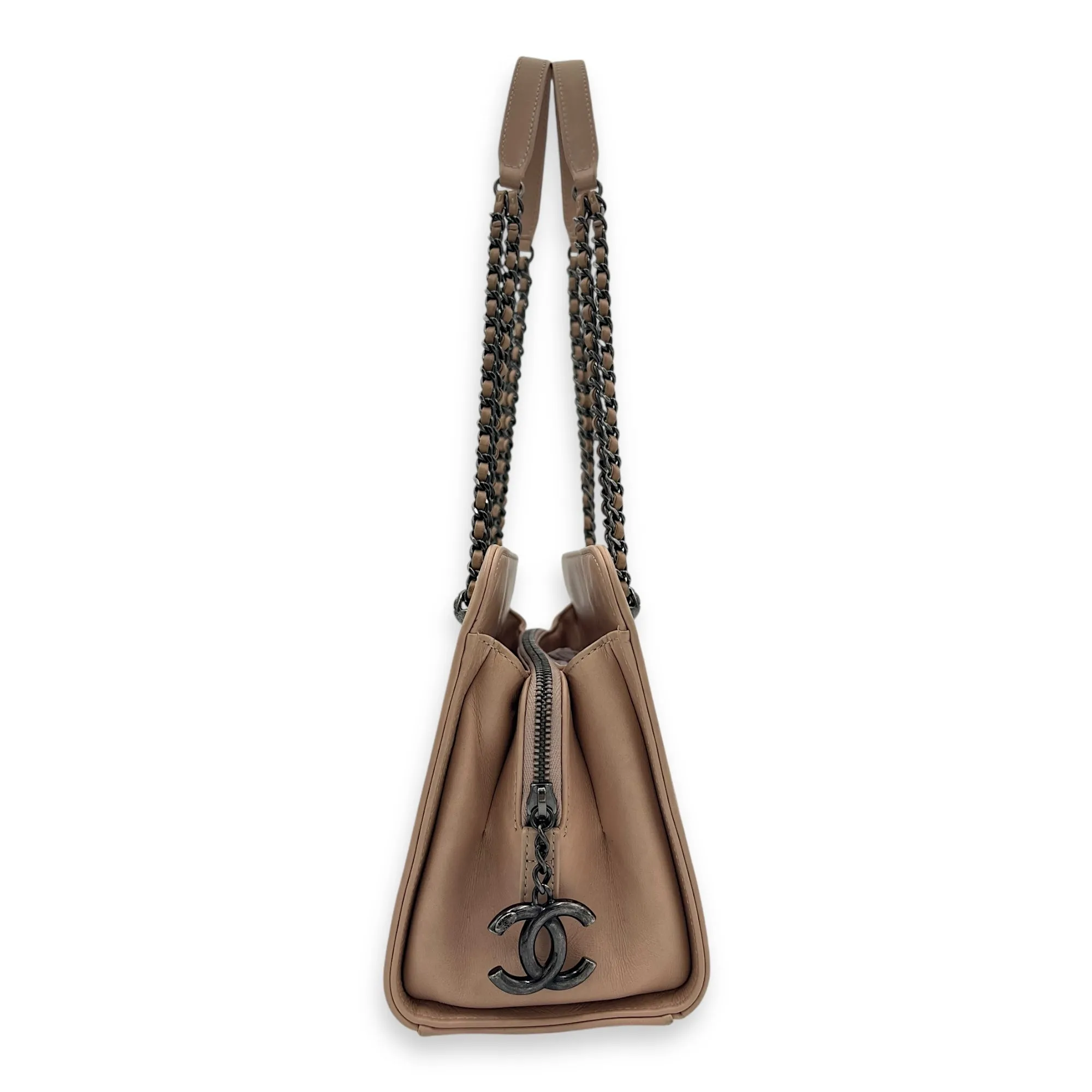 CC Quilted Beige Tote Bag in Calfskin, Ruthenium hardware