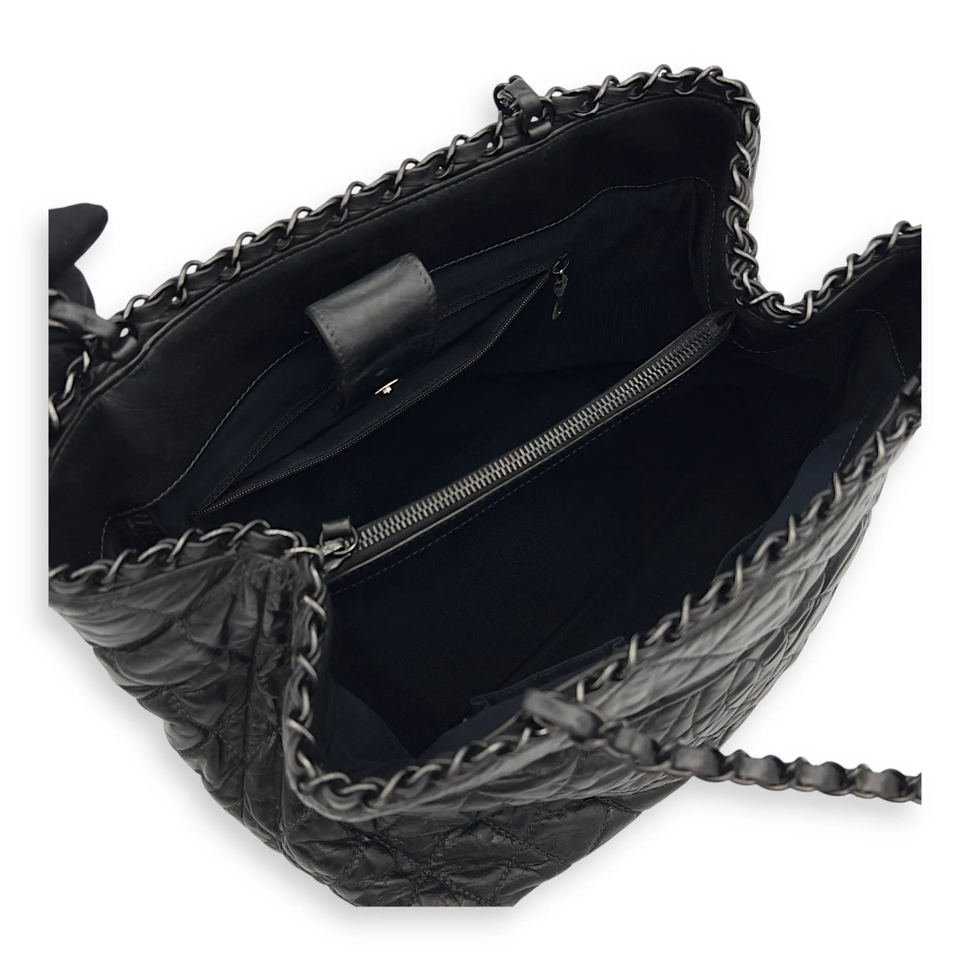 Chain Quilt Black Tote Bag in Calfskin, so black hardware