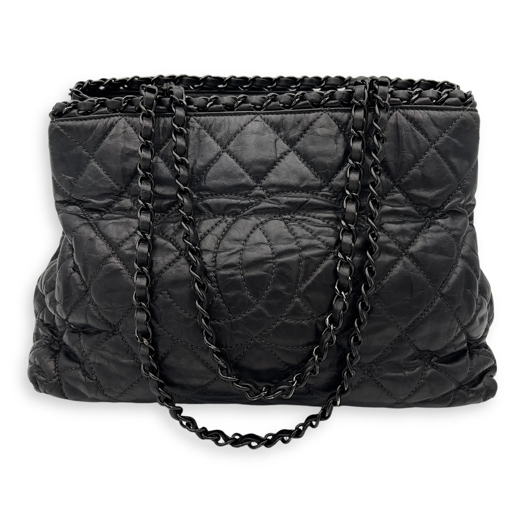 Chain Quilt Black Tote Bag in Calfskin, so black hardware