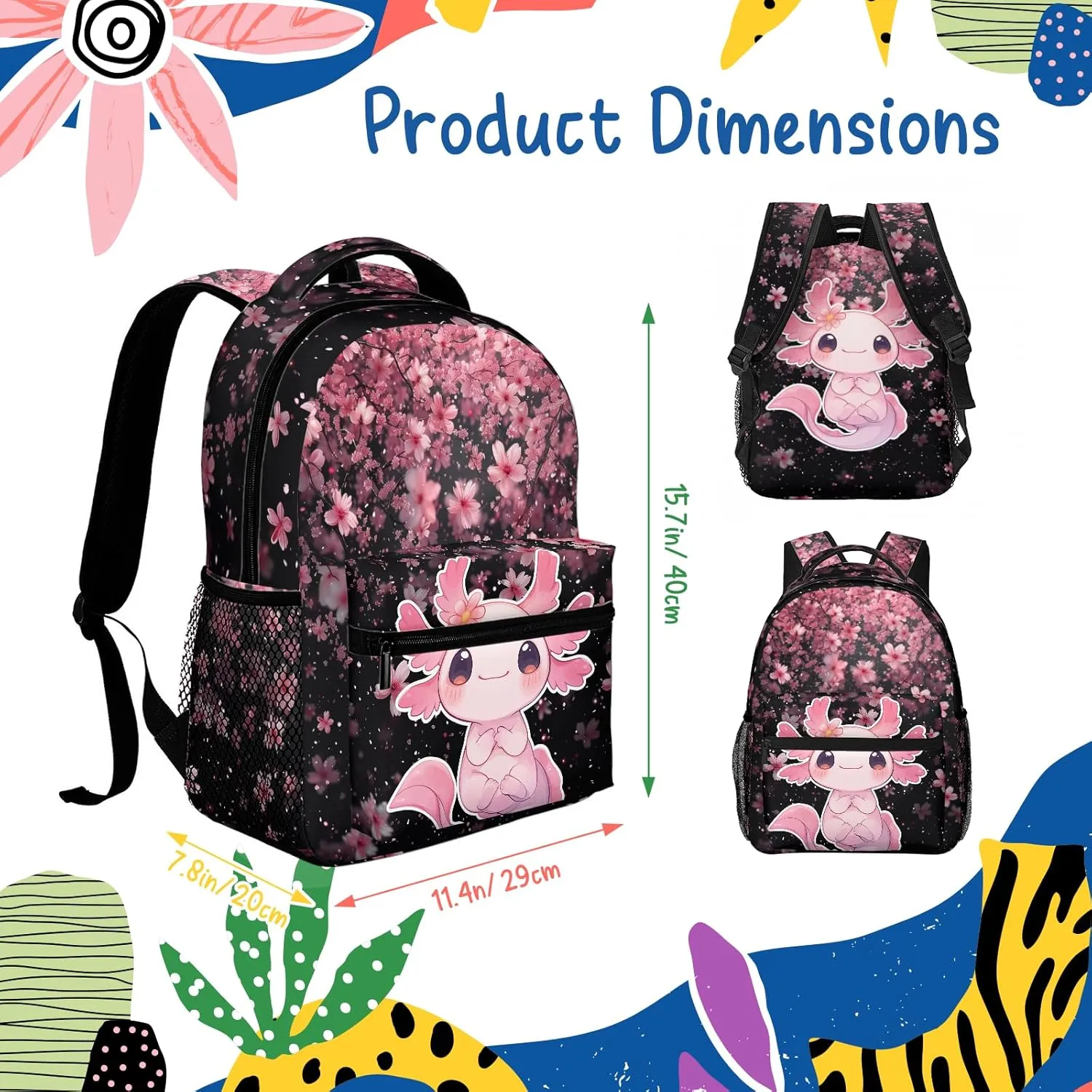 Cute Axolotl Backpack for Boys Girls Bookbags Lightweight Adjustable Elementary Middle High School Bags for Kids Children Teenagers Travel Daypack Laptop Hiking Backpacks