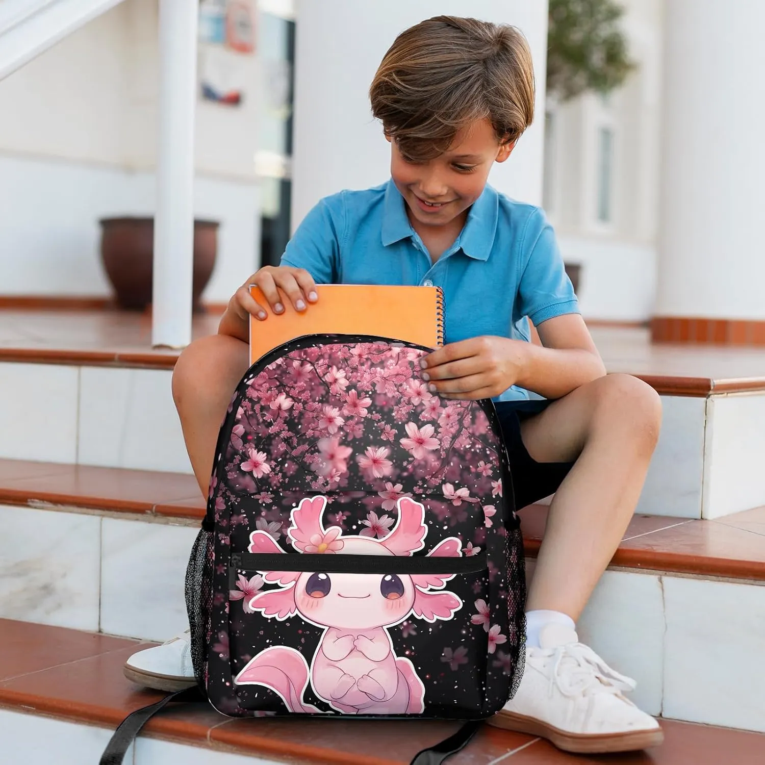 Cute Axolotl Backpack for Boys Girls Bookbags Lightweight Adjustable Elementary Middle High School Bags for Kids Children Teenagers Travel Daypack Laptop Hiking Backpacks
