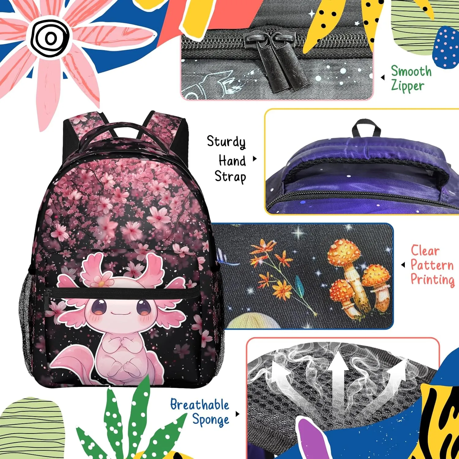 Cute Axolotl Backpack for Boys Girls Bookbags Lightweight Adjustable Elementary Middle High School Bags for Kids Children Teenagers Travel Daypack Laptop Hiking Backpacks