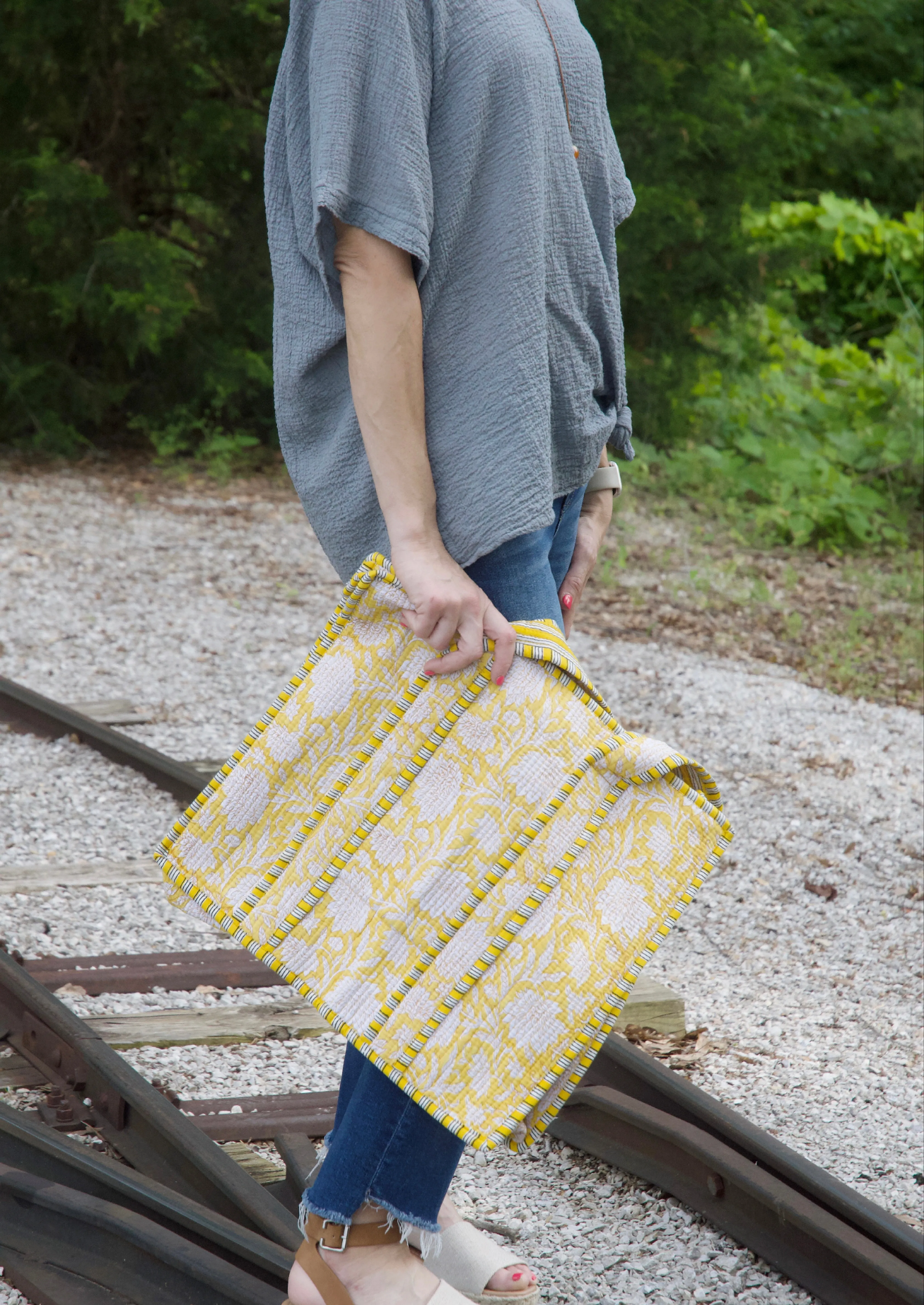 Farylina Mixed Floral Print Quilted Jane Tote Bag in Yellow FINAL SALE