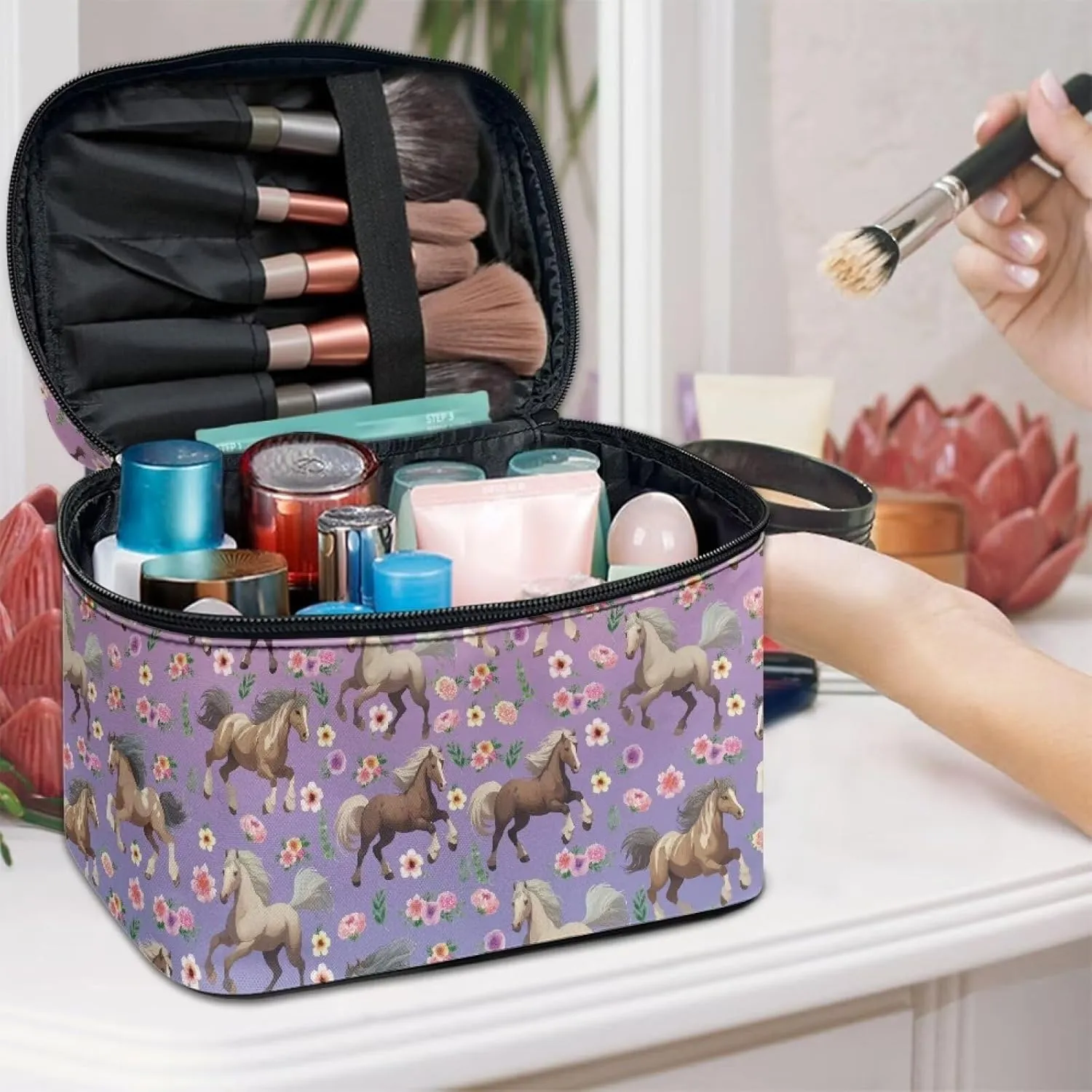 Flashideas Broken Flower Horse Large Capacity Travel Toiletry Bag Multifunctional Zipper Makeup Organizer Makeup Bag for Purse Toiletry Bag for Skincare Makeup Organizer Bag