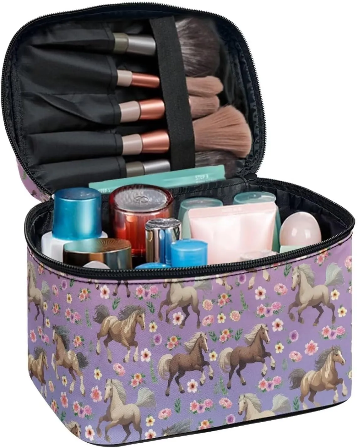 Flashideas Broken Flower Horse Large Capacity Travel Toiletry Bag Multifunctional Zipper Makeup Organizer Makeup Bag for Purse Toiletry Bag for Skincare Makeup Organizer Bag