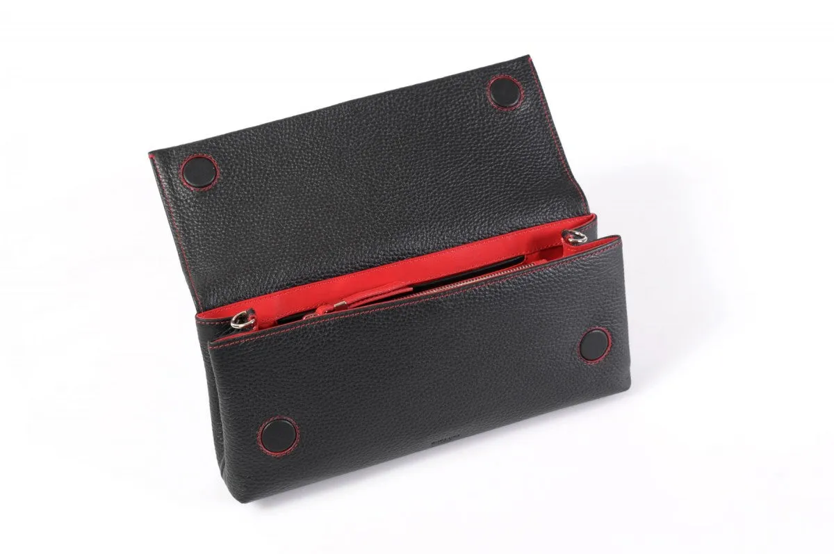 Handmade Italian Leather Clutch - Rimini - Onyx Black - Lava Red Trim