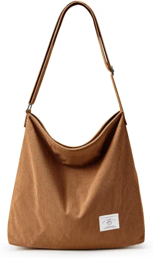 KALIDI Corduroy Tote Bag for Women Casual Zipper Tote Handbag Large Crossbody Hobo Shoulder Bag Work Fashion Women Purse