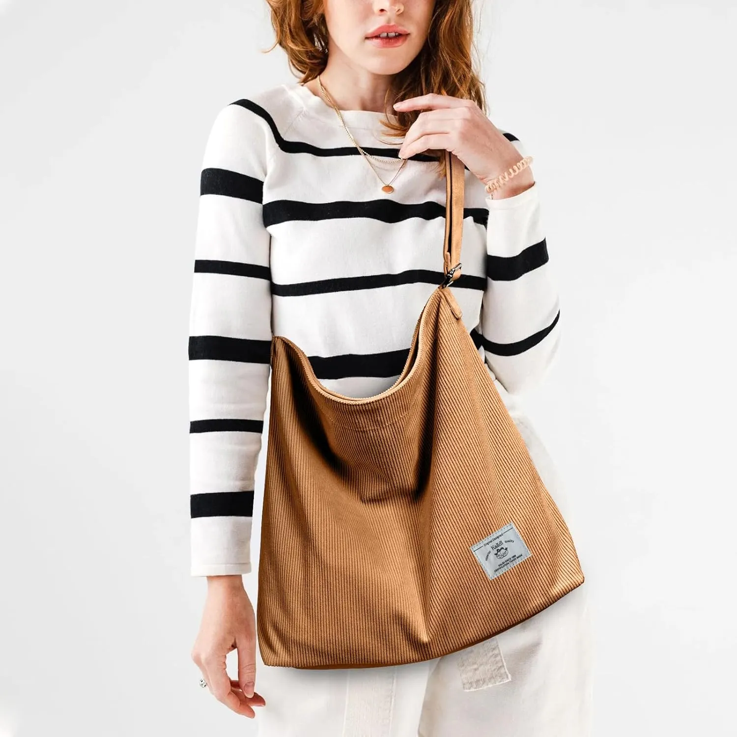 KALIDI Corduroy Tote Bag for Women Casual Zipper Tote Handbag Large Crossbody Hobo Shoulder Bag Work Fashion Women Purse