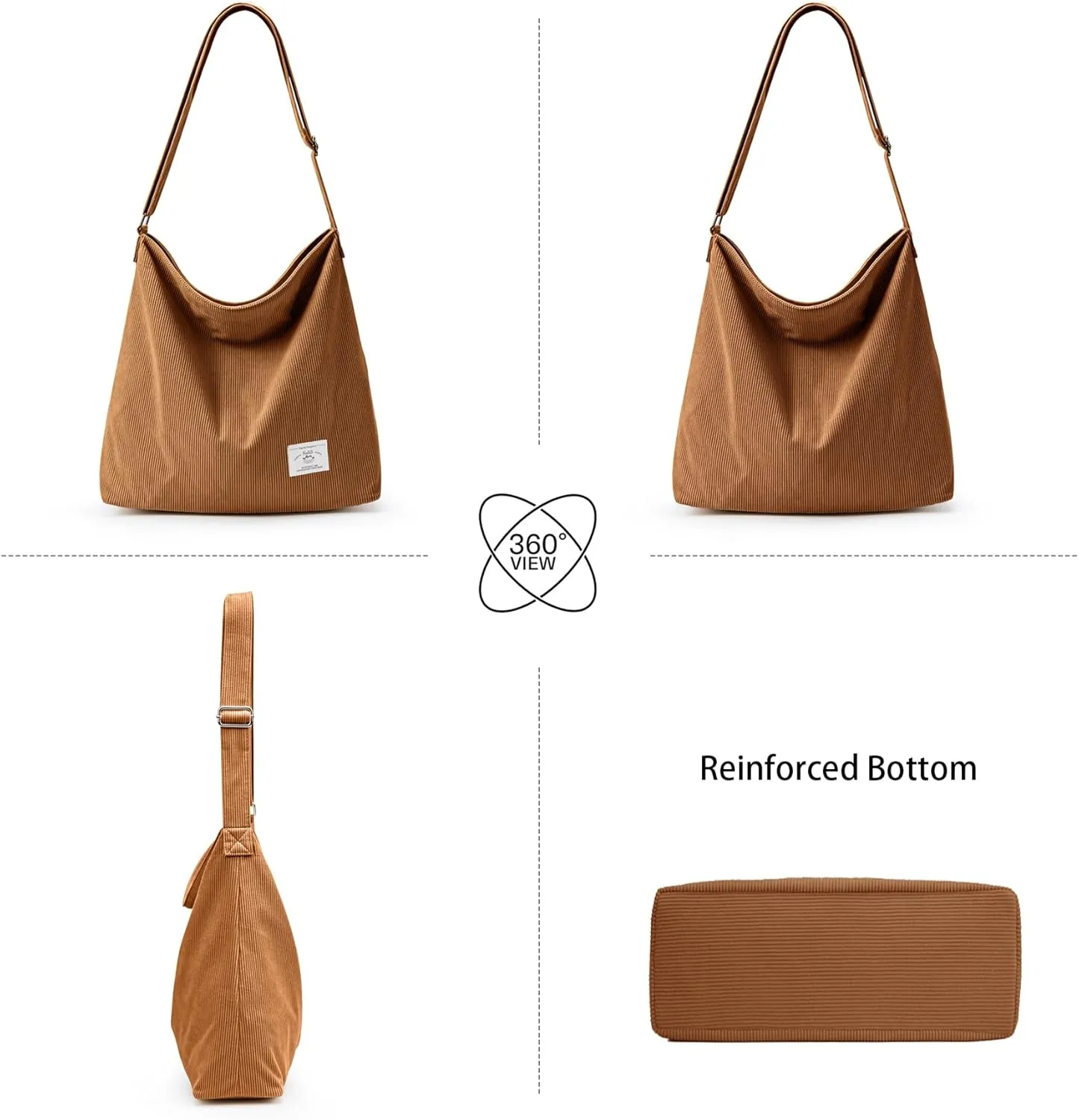KALIDI Corduroy Tote Bag for Women Casual Zipper Tote Handbag Large Crossbody Hobo Shoulder Bag Work Fashion Women Purse