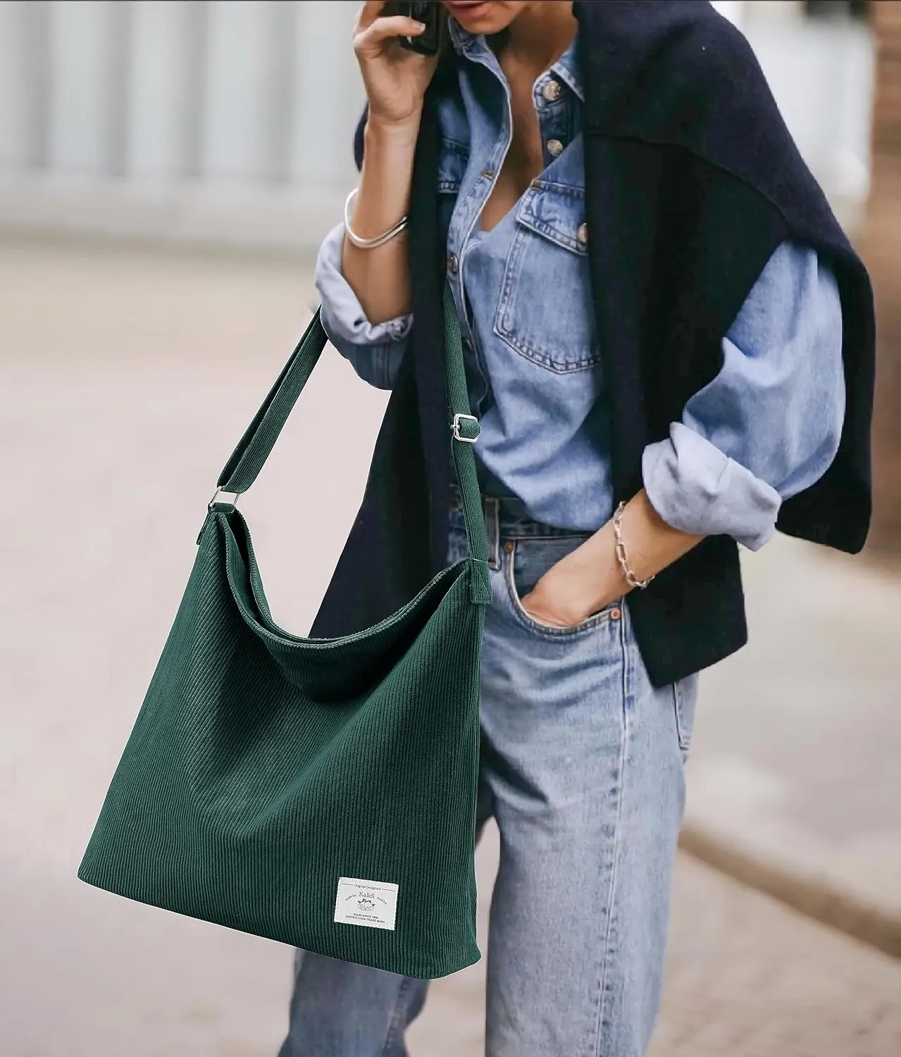 KALIDI Corduroy Tote Bag for Women Casual Zipper Tote Handbag Large Crossbody Hobo Shoulder Bag Work Fashion Women Purse