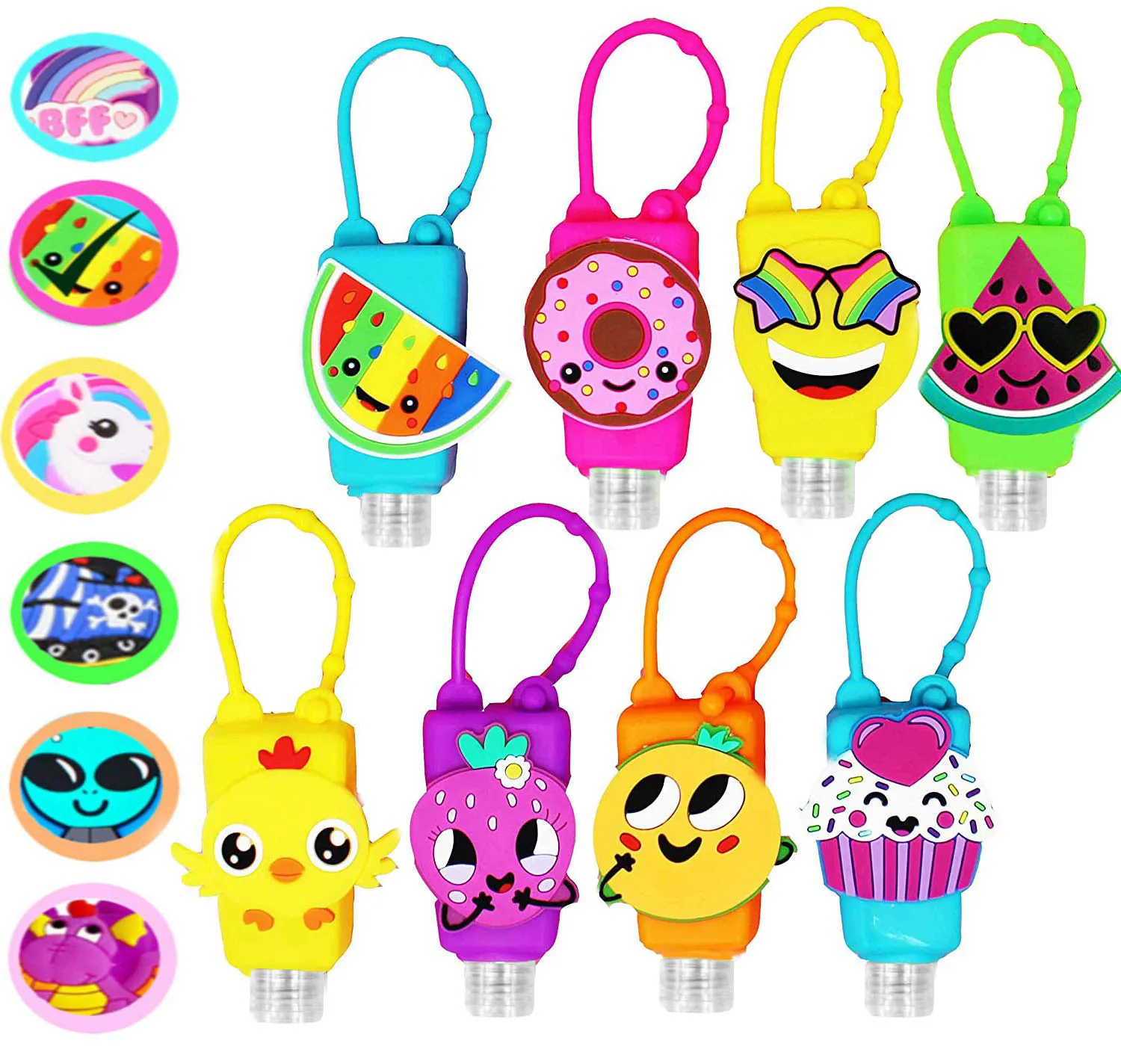 KINIA 8 Pack Empty Kids DINOSAUR Hand Sanitizer Travel Size Keychain Carriers, 8-1 Fl Oz Flip Cap Reusable Portable Empty Bottles (8-Variety Pack DINOSAUR)