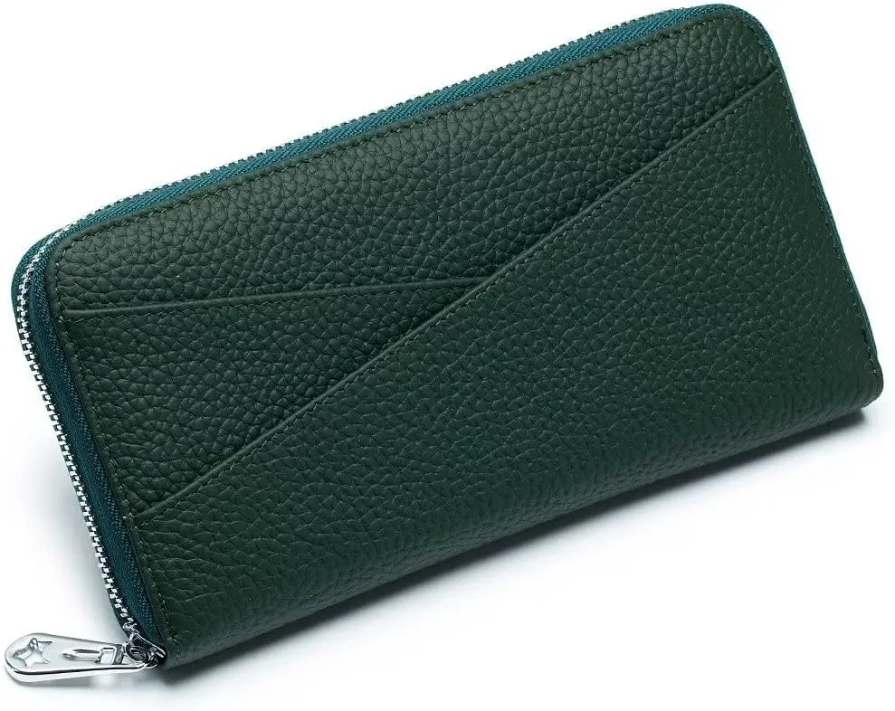 Mudono Women's Wallet Genuine Leather RFID Blocking Credit Card Case Elegant Clutch Purse Travel Phone Wallet with ID Window