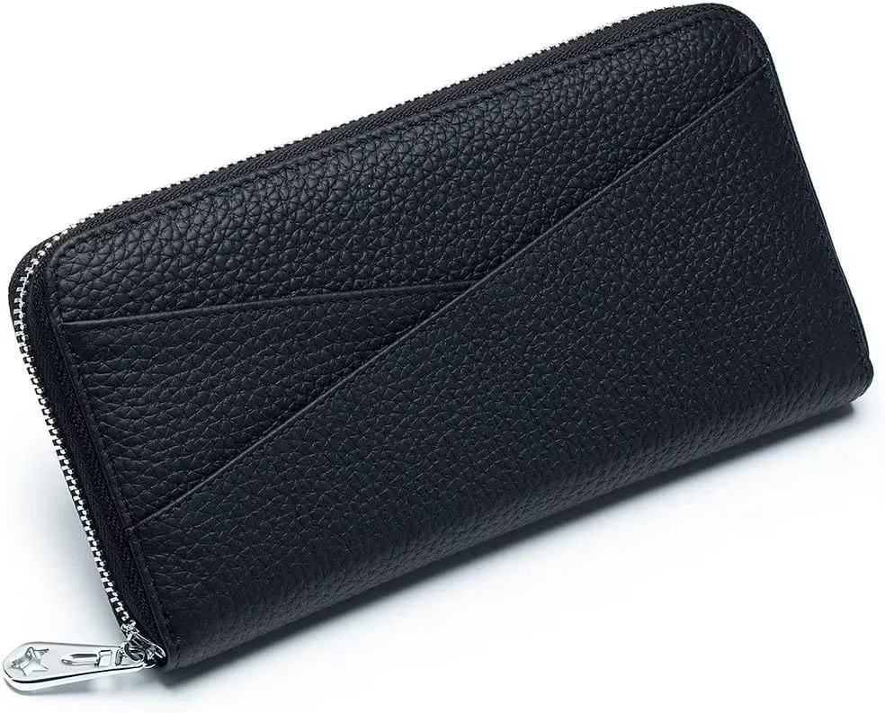 Mudono Women's Wallet Genuine Leather RFID Blocking Credit Card Case Elegant Clutch Purse Travel Phone Wallet with ID Window