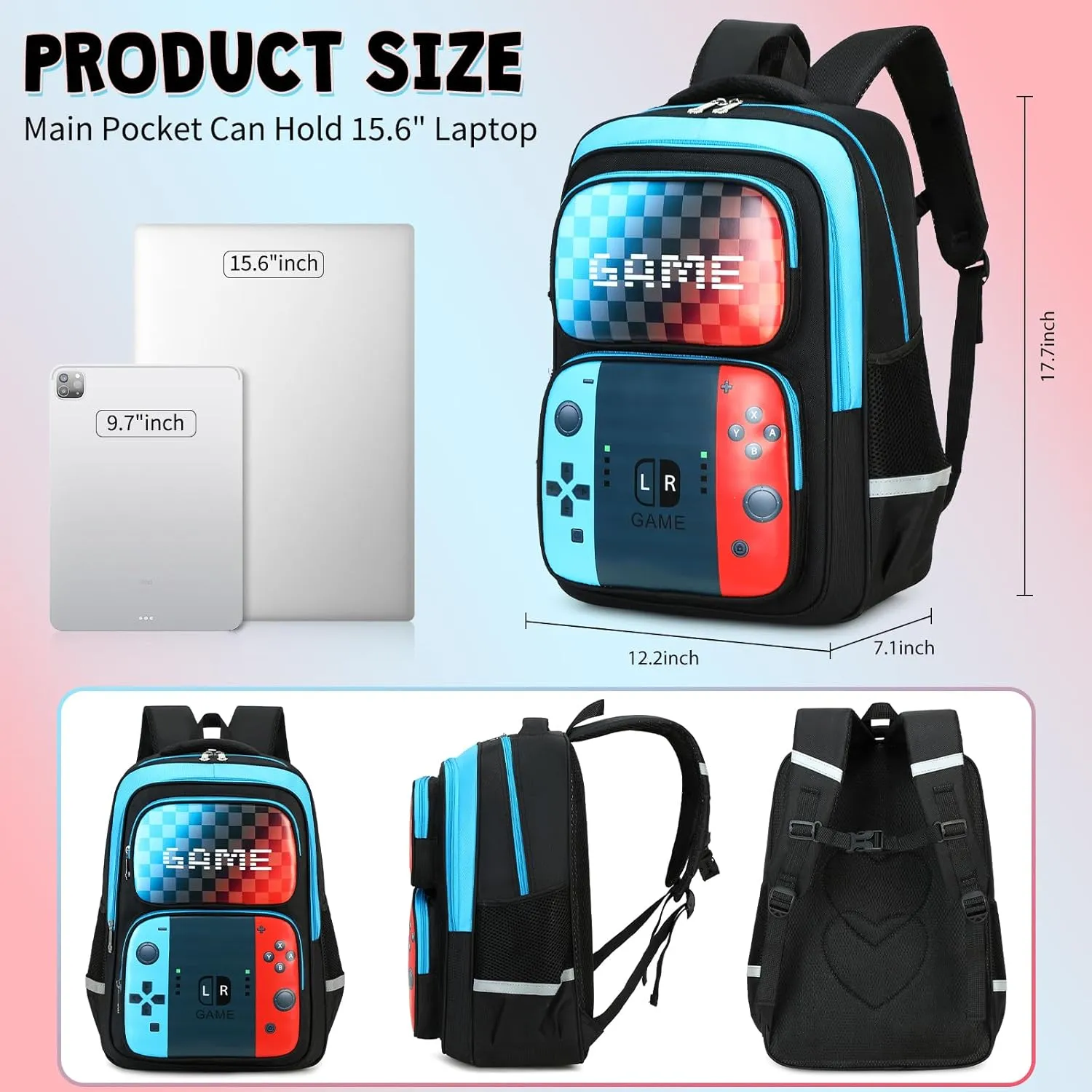 School Backpack For Boys bookbag Game Backpack For Kids Junior High School Primary School Boys Backpack (Blue&red)