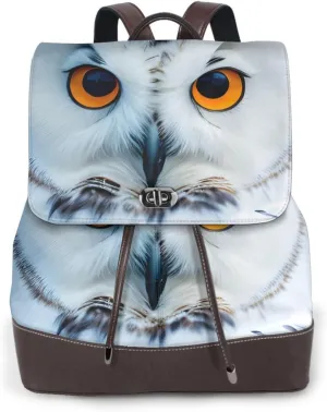 Snowy Owl Eyes Print Women's PU Leather Backpack, Fashion, Work, Journey Daily Use - Chestnut Brown