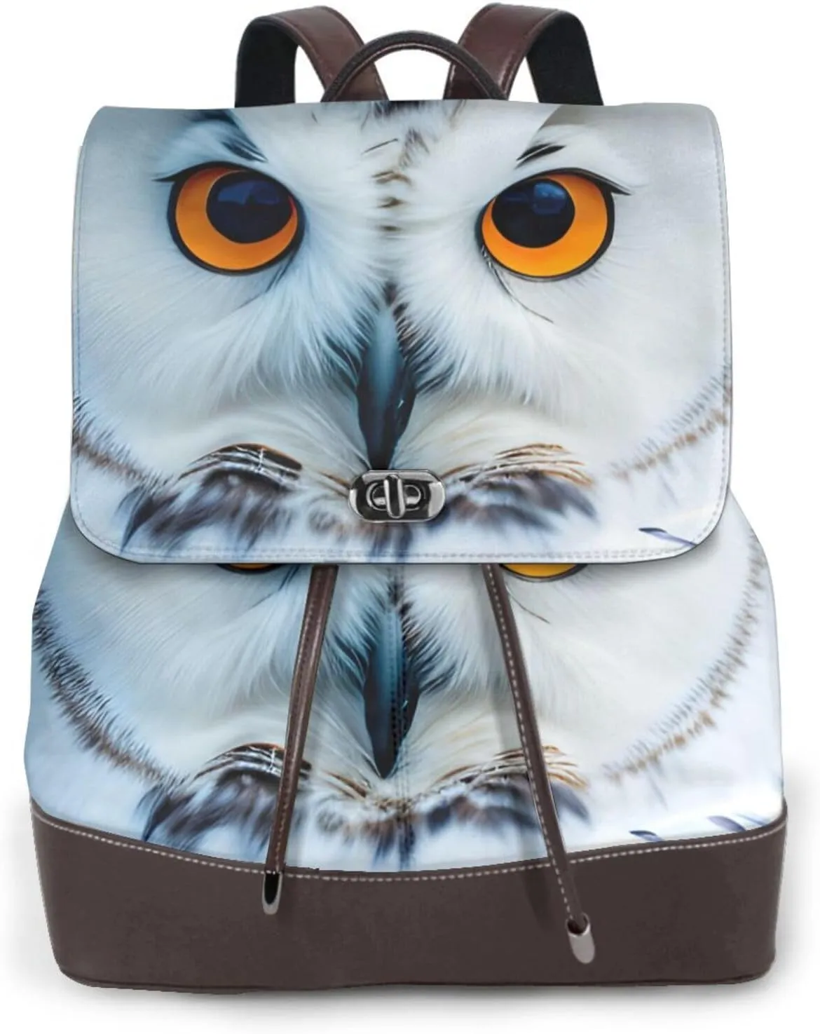 Snowy Owl Eyes Print Women's PU Leather Backpack, Fashion, Work, Journey Daily Use - Chestnut Brown