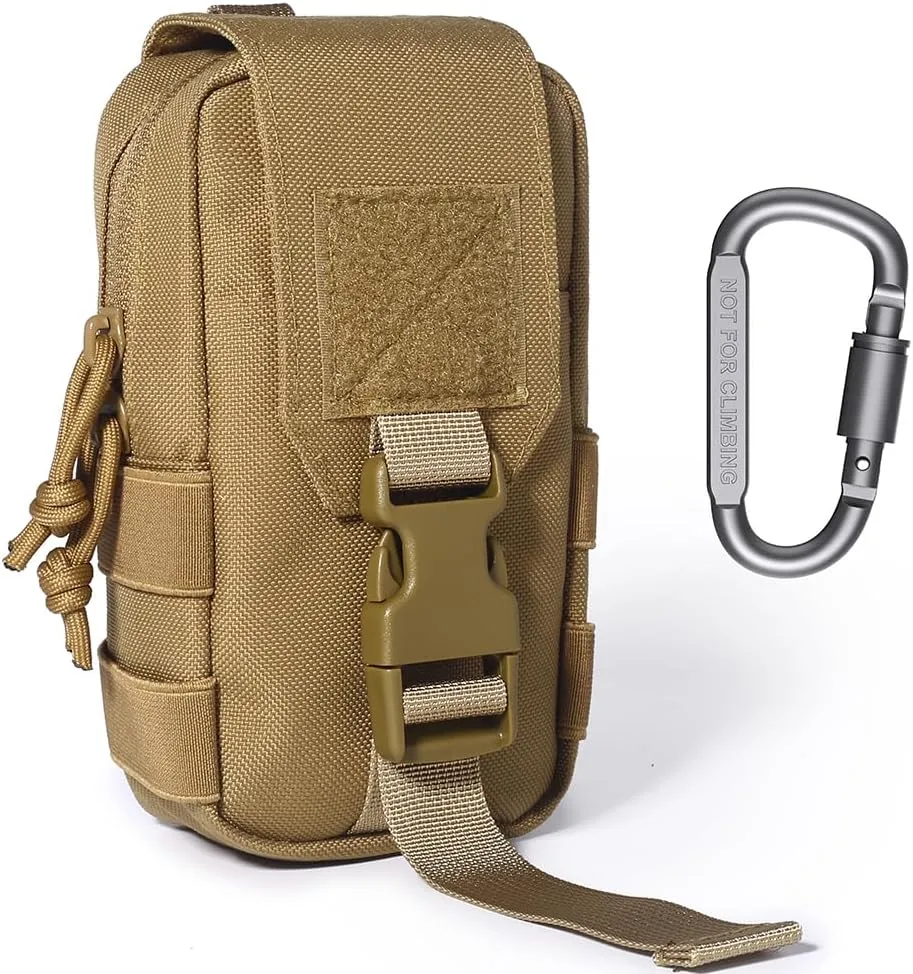 Tactical MOLLE Pouch - 1000D Nylon EDC Organizer, Compact Belt Pouch for Outdoor Gear, Hiking & Camping Accessories with Bonus Carabiner (Khaki)