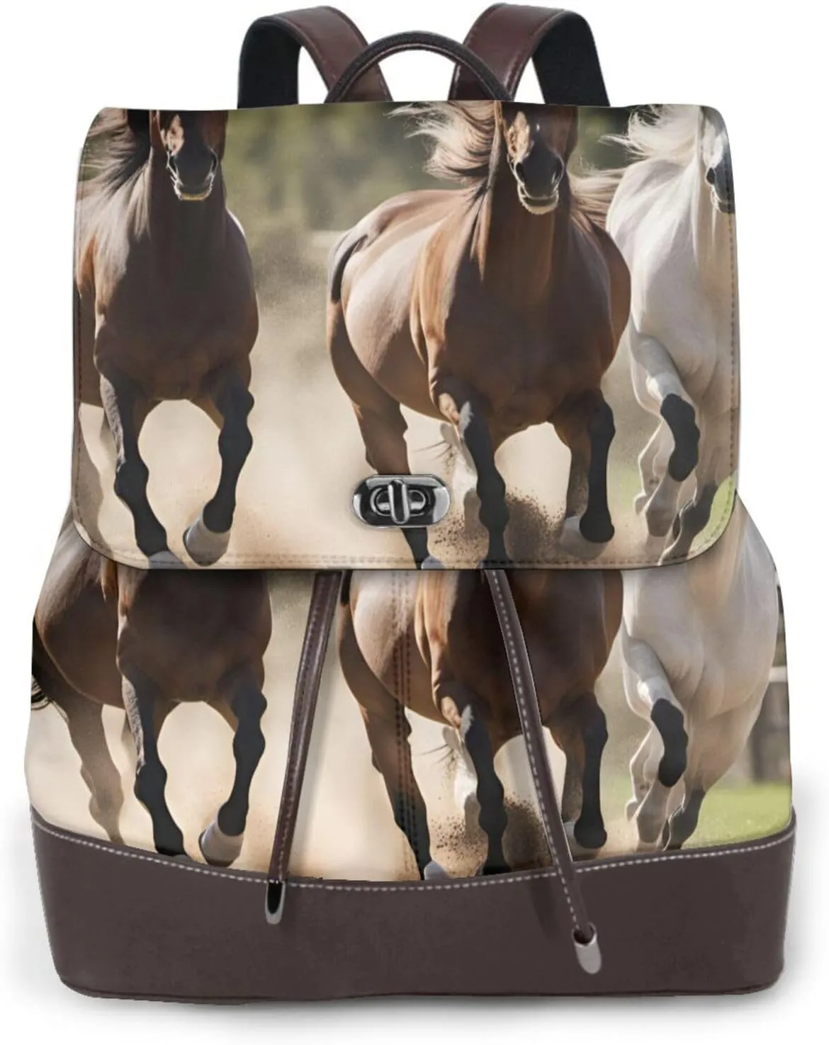 Three running horses Print Women's PU Leather Backpack, Fashion, Work, Journey Daily Use - Chestnut Brown