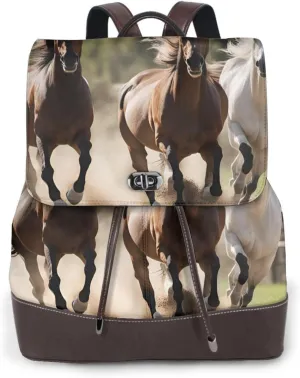 Three running horses Print Women's PU Leather Backpack, Fashion, Work, Journey Daily Use - Chestnut Brown
