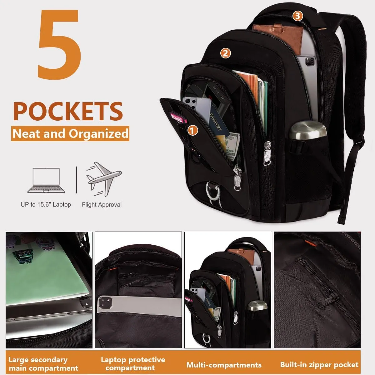 Travel Backpack Carry on Flight Approved for Man Women,Lightweight,Waterproof Backpack,Fits 17 Inch Computer#Black