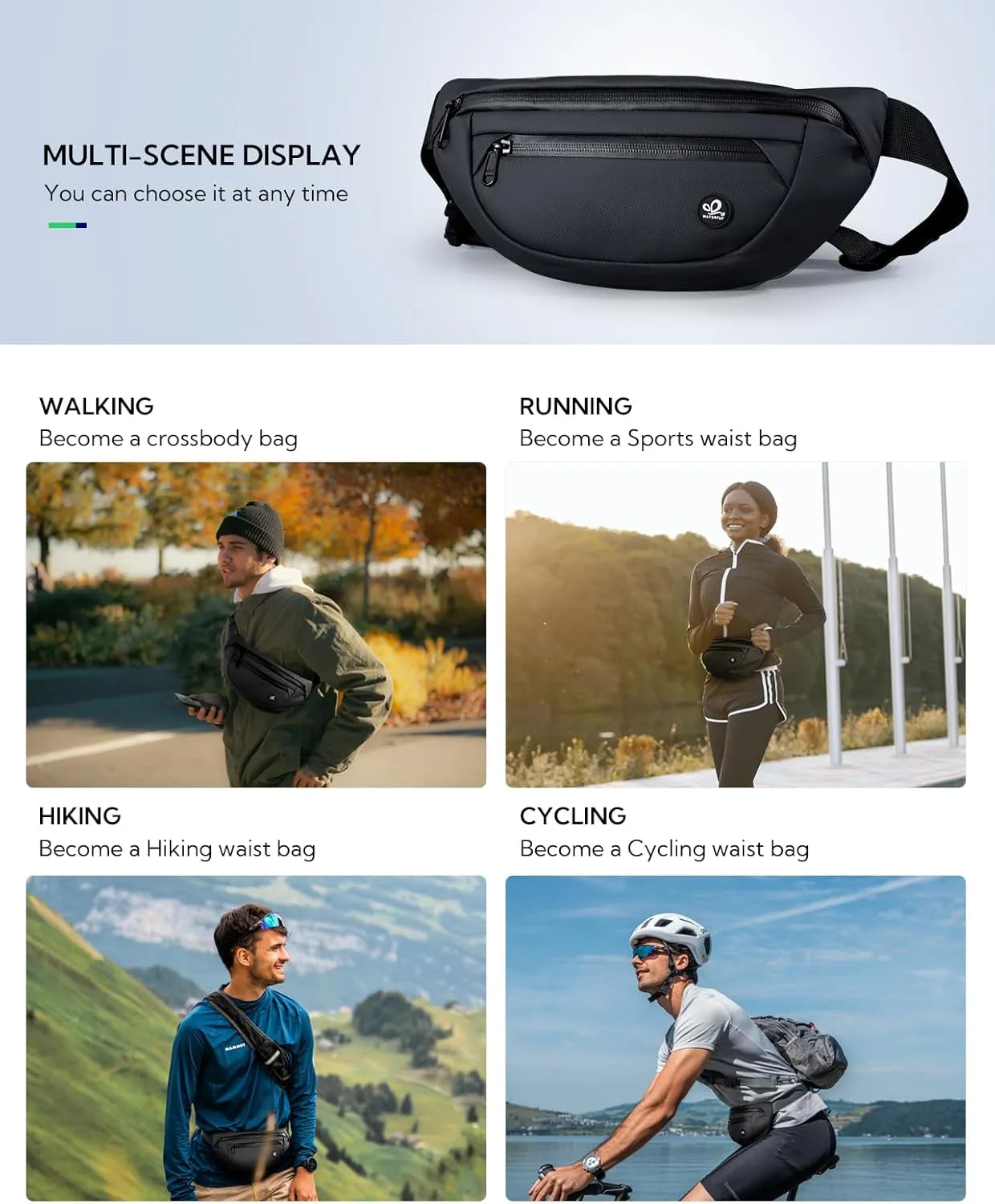 WATERFLY Fanny Pack Waist Packs: Small Waist Bag for Women Men Fashion Crossbody Belt Bags for Hiking Running Travel Walking-Black