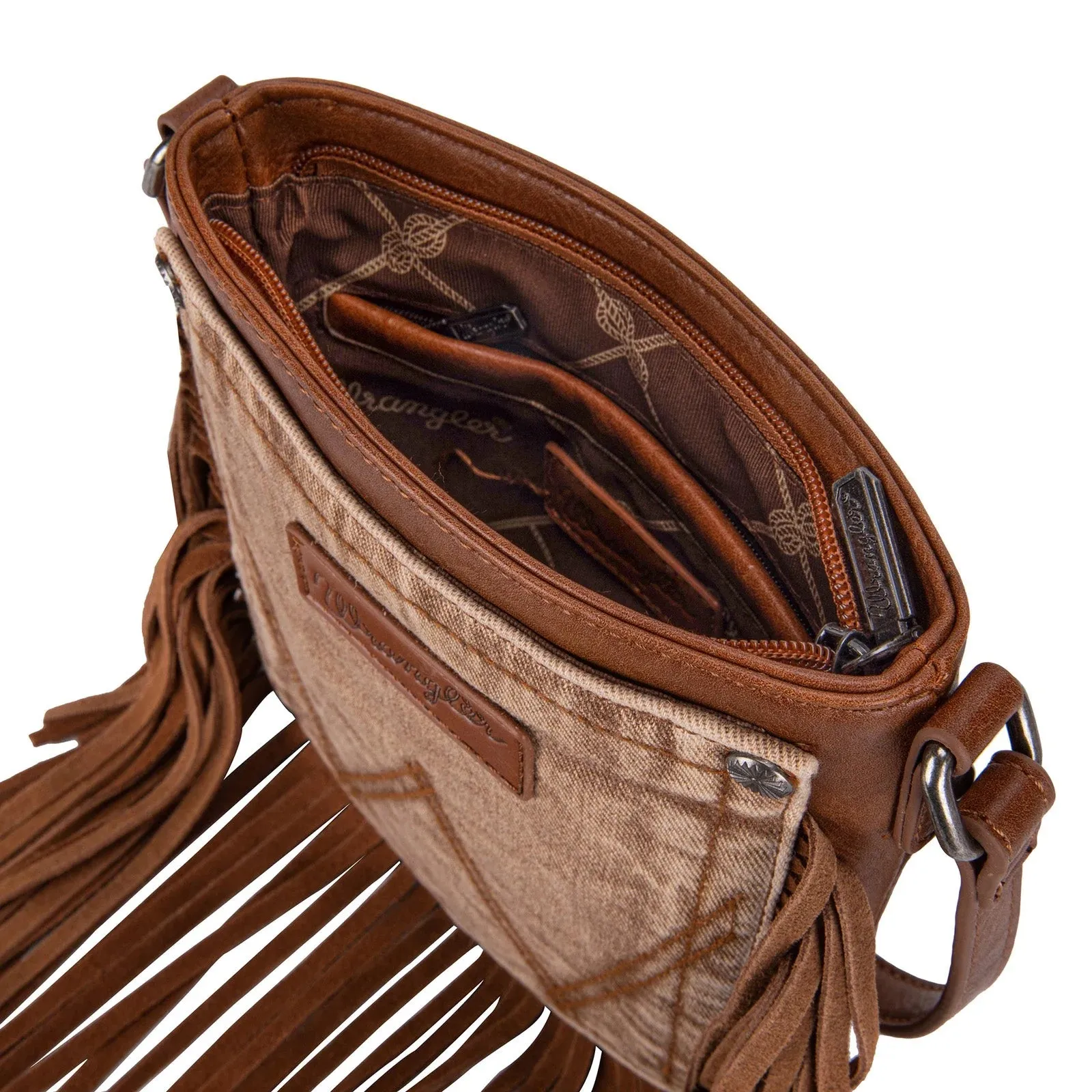 Wrangler Light Brown Leather Fringe Jean Denim Pocket Crossbody